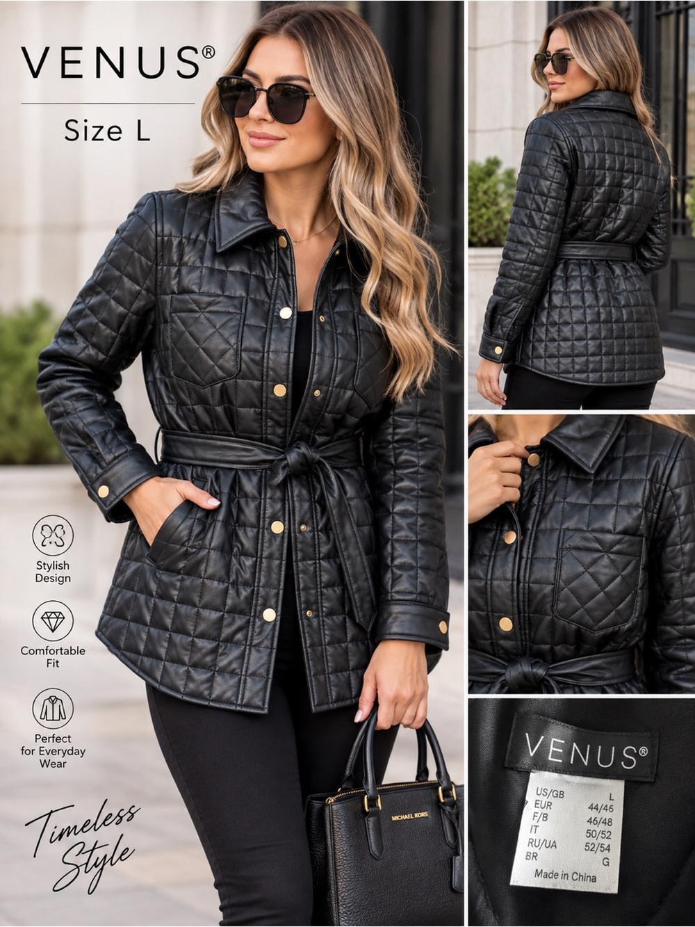 VENUS Women's Black Quilted Belted Jacket Sz L